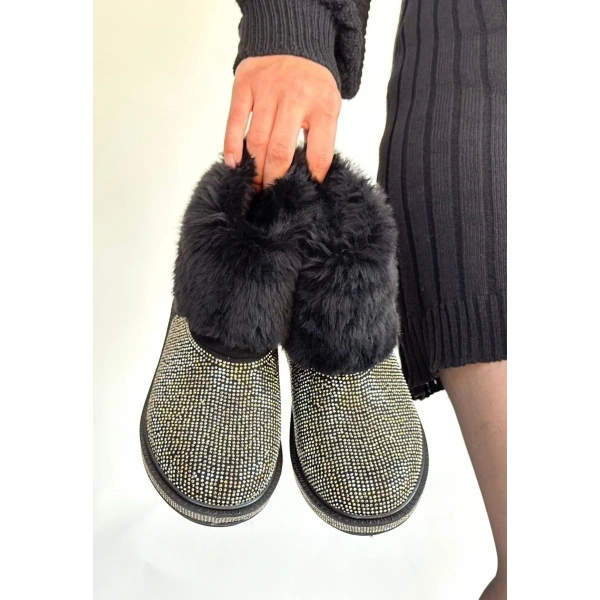 Linka Siyah Süet Gümüş Boncuk İşlemeli Bot