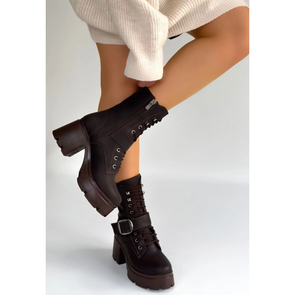 Linma Acı Kahve Cilt Bağcıklı Topuklu Bot