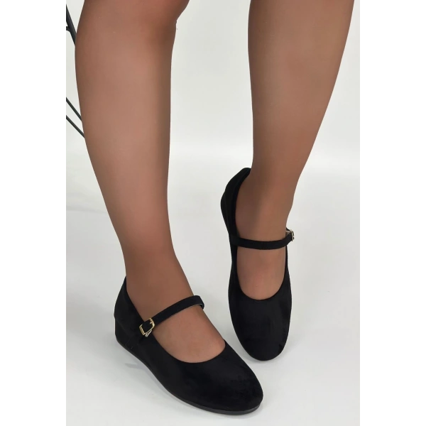 Lossa Siyah Süet Kemerli Babet Ayakkabı
