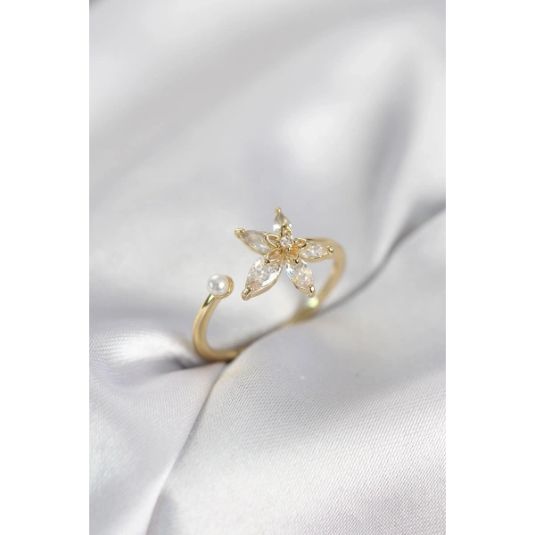 Lotus Model Zirkon Taşlı Gold Renk Kadın Yüzük