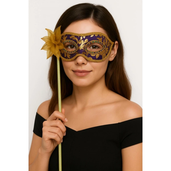 Lüks Taşlı Saplı Maskeli Balo Maskesi Mor Renk 35 cm