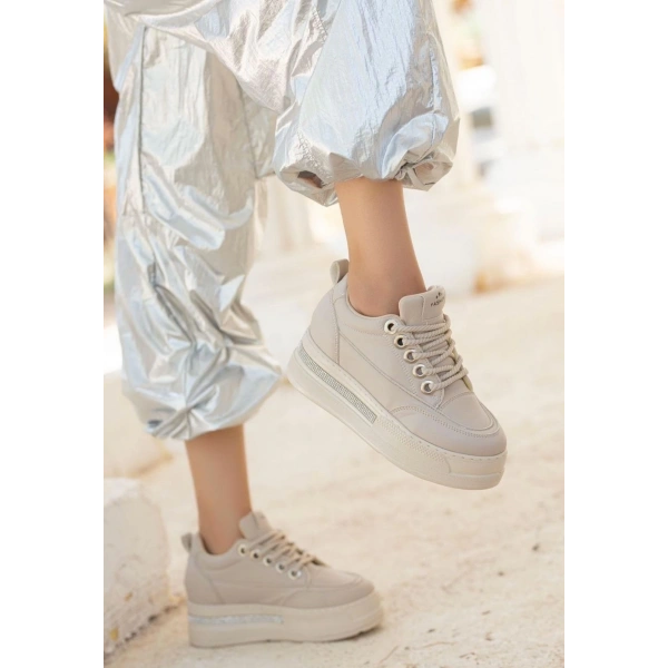 Lulu Bej Cilt Bağcıklı Spor Ayakkabı