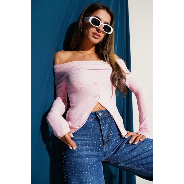 Madonna Yaka Düğmeli Bluz pembe t4329