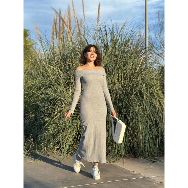 Madonna yaka uzun elbise şardonlu kumaş gri w3753