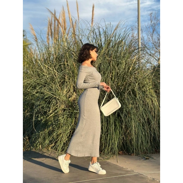 Madonna yaka uzun elbise şardonlu kumaş gri w3753