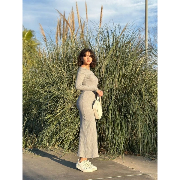 Madonna yaka uzun elbise şardonlu kumaş gri w3753