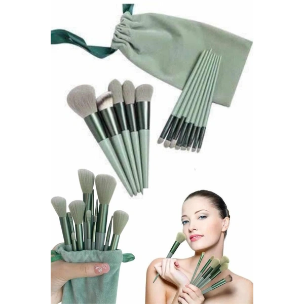 Makyaj Fırça Seti Yeşil 13 Parça Fondöten Fırçası Allık Fırçası Far Fırçası