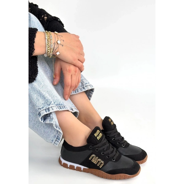 Marje Siyah Cilt Bağcıklı Spor Ayakkabı