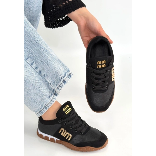 Marje Siyah Cilt Bağcıklı Spor Ayakkabı