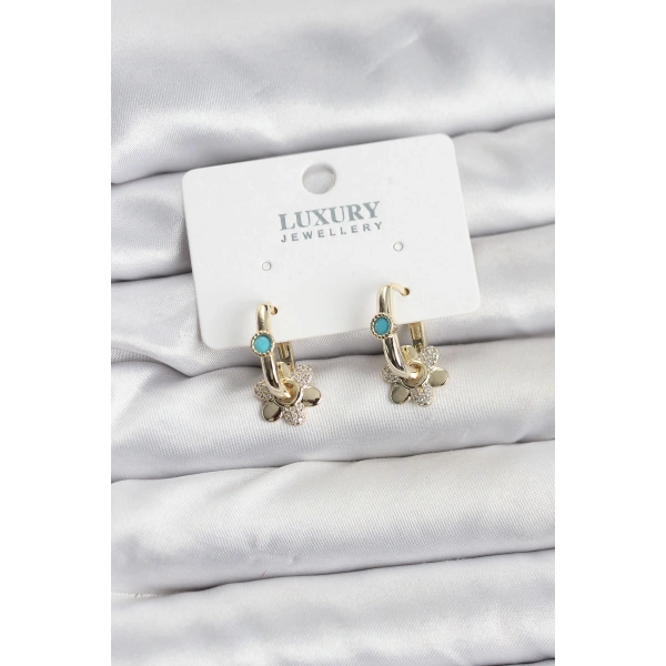 Mavi Taş Detaylı Pirinç Gold Renk Kadın Göçmen Küpesi