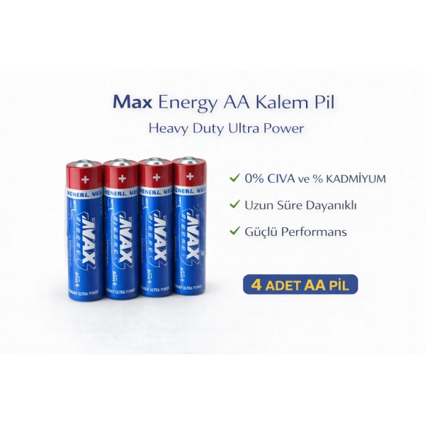 Max Energy AA Kalem Pil 1.5V R6 Heavy Duty Ultra Power 4lü 1 Paket