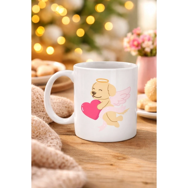 Melek Golden Retriever Köpek Tasarımlı Porselen Kupa MODEL 55 – Kalpli, Sevgiliye Özel, Sevimli Hediye Kupa