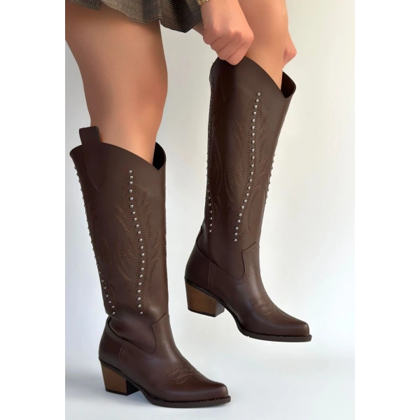 Meof Acı Kahve Cilt Topuklu Çizme