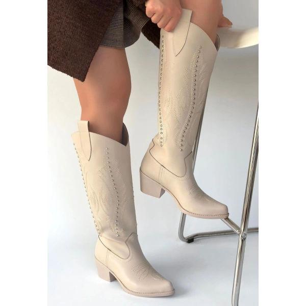 Meof Bej Cilt Topuklu Çizme