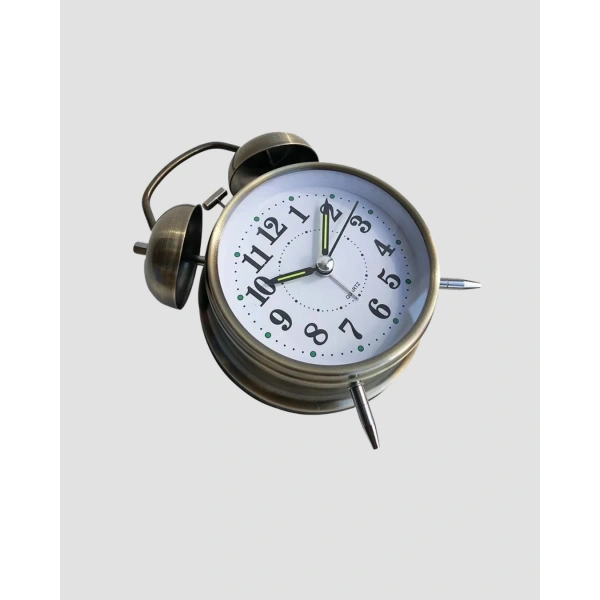 Metal Bronz Nostaljik Masa Saati Alarmlı Büyük Boy Sessiz Mekanizmalı