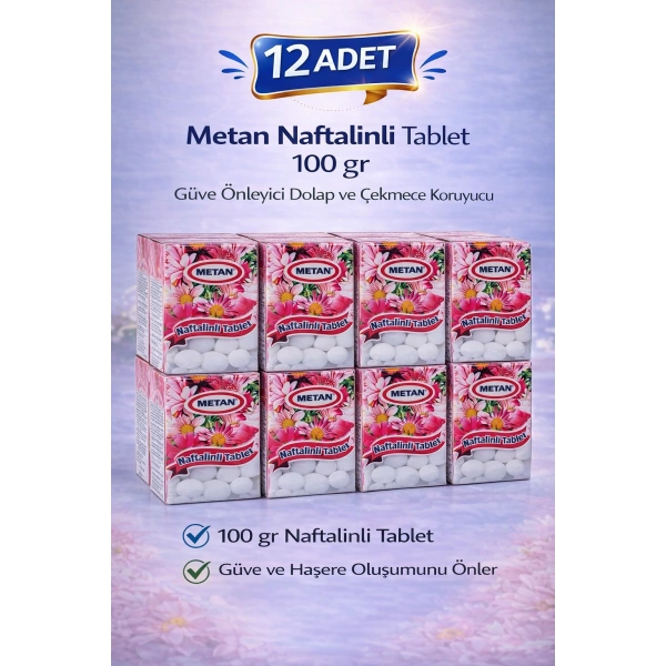 Metan Naftalinli Tablet 100 gr Güve Önleyici Dolap ve Çekmece Koruyucu 12 Adet