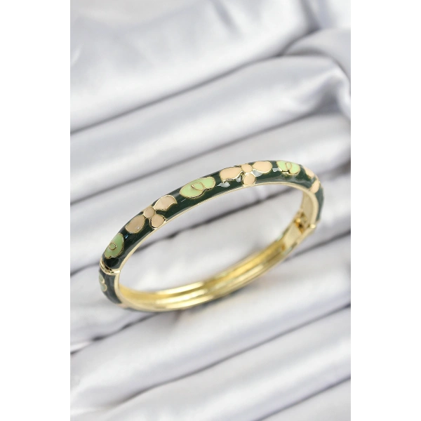 Mineli Pirinç Krem Ve Yeşil Çiçek Motifli Gold Renk Kadın Kelepçe