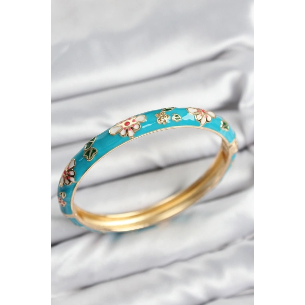 Mineli Pirinç Mavi Çiçek Motifli Gold Kadın Kelepçe