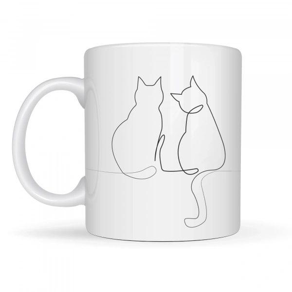 Minimal Çizim İki Kedi Desenli Porselen Kupa MODEL 77 – Sevgi Temalı Şık Tasarım, Kahve & Çay Kupası