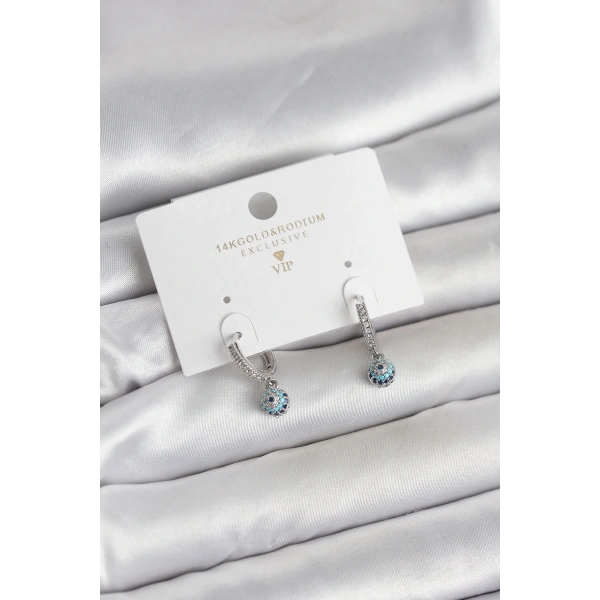 Minimal Nazarlı Model Gümüş Renk Zirkon Taşlı Kadın Küpe