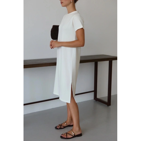 Modal yırtmaçlı elbise beyaz pt