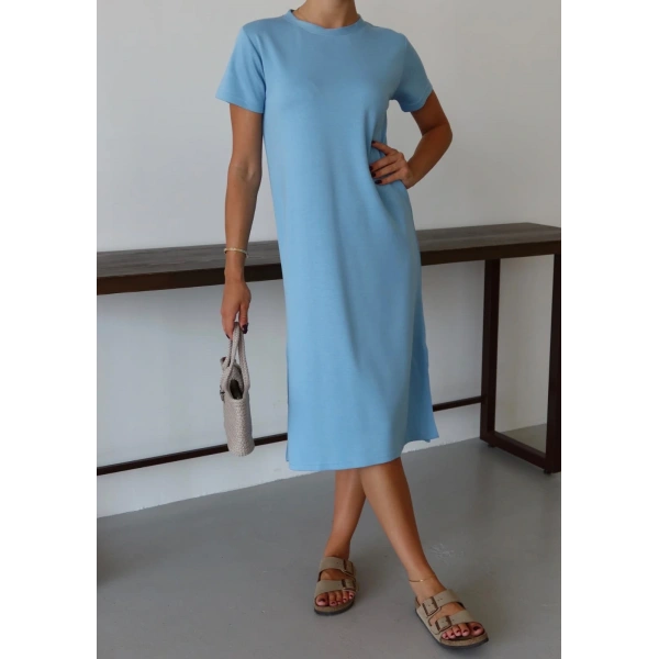 Modal yırtmaçlı elbise mavi pt