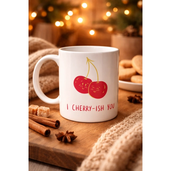 Model 26 – I Cherry-Ish You Yazılı Sevimli Kiraz Tasarımlı Porselen Kupa - Aşk Dolu Hediye Fikri