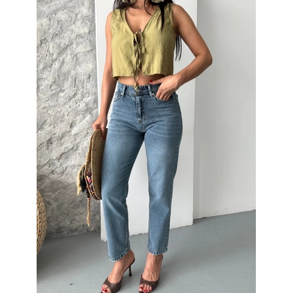 Mom fit bıyık kar yıkama jeans pantolon koyu mavi d2006