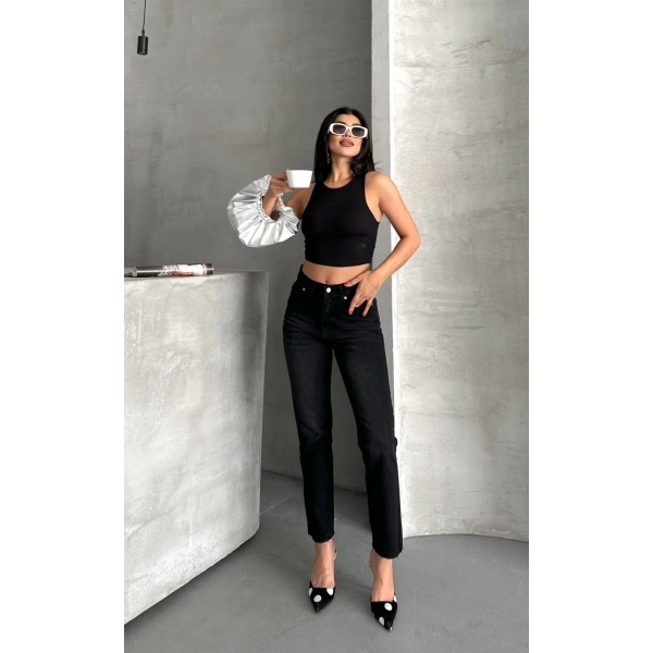 Mom fit enzim bıyıklı taş yıkama jeans pantolon siyah d2006