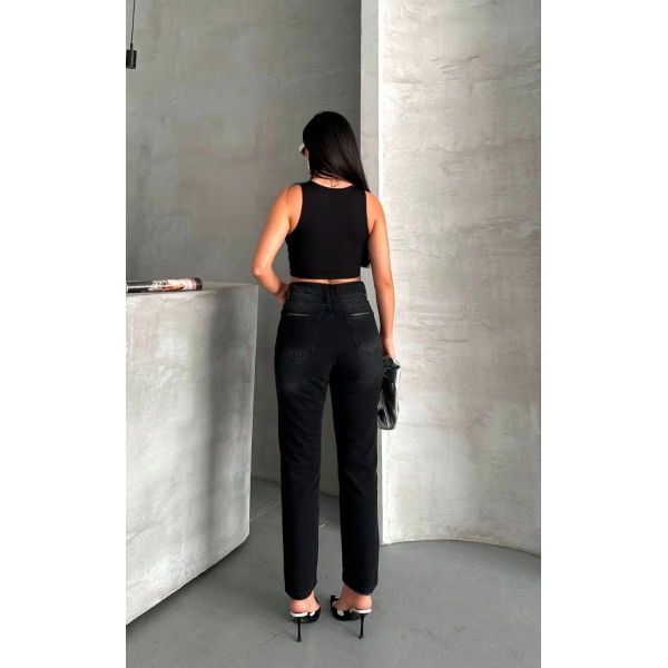 Mom fit enzim bıyıklı taş yıkama jeans pantolon siyah d2006