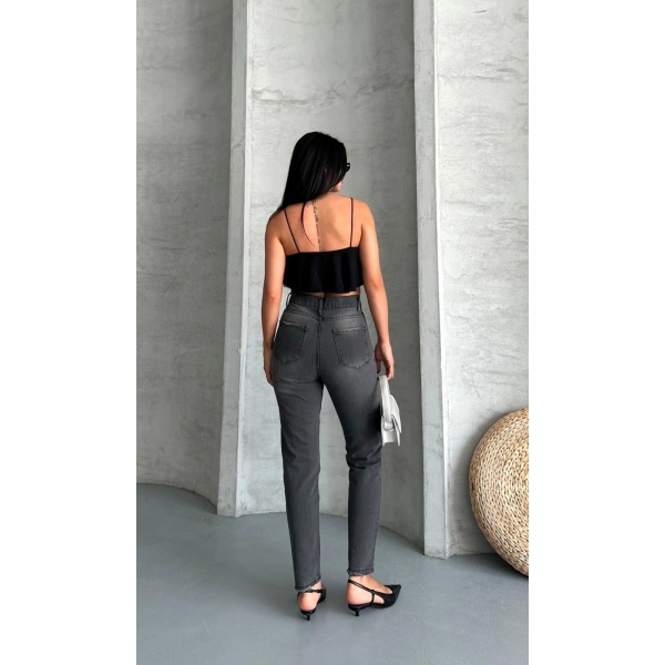 Mom fit enzim taş yıkama jeans pantolon füme d2006