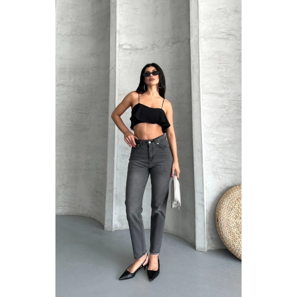 Mom fit enzim taş yıkama jeans pantolon füme d2006