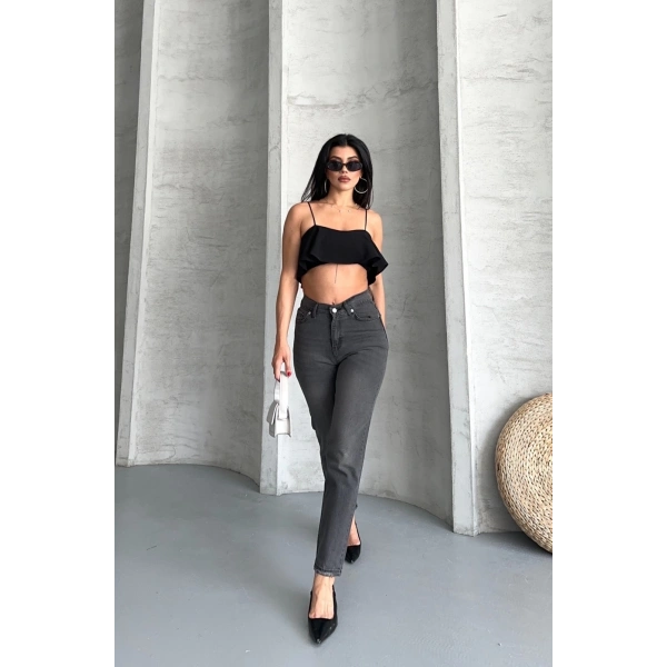 Mom fit enzim taş yıkama jeans pantolon füme d2006