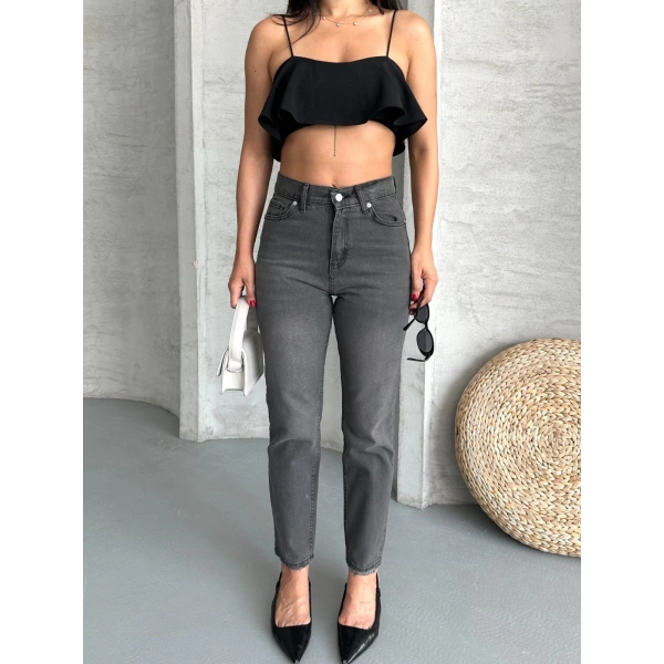 Mom fit enzim taş yıkama jeans pantolon füme d2006