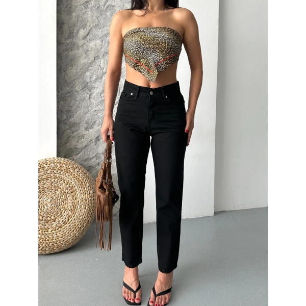 Mom fit enzim taş yıkama jeans pantolon siyah d2006