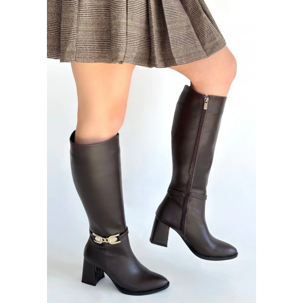 Mooni Kahverengi Cilt Topuklu Çizme