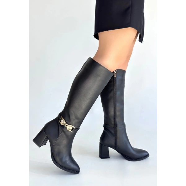 Mooni Siyah Cilt Topuklu Çizme
