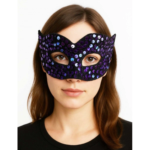 Mor Renk Arkadan Lastikli Pul Payet İşlemeli Balo After Parti Maskesi