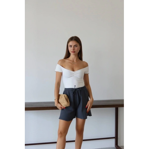 Müslin kumaş şort bağcıklı antrasit pt