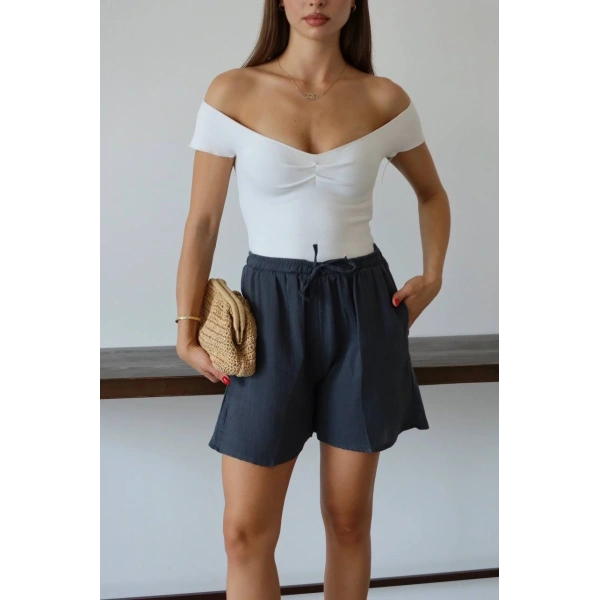 Müslin kumaş şort bağcıklı antrasit pt