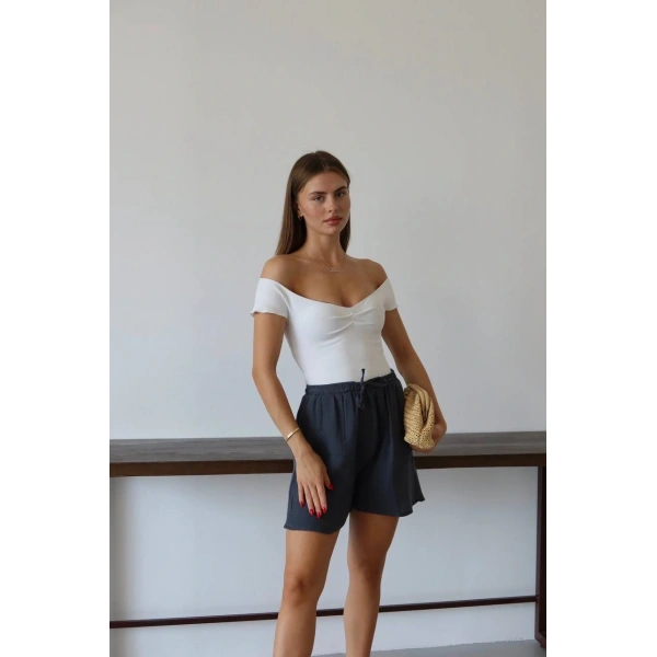 Müslin kumaş şort bağcıklı antrasit pt