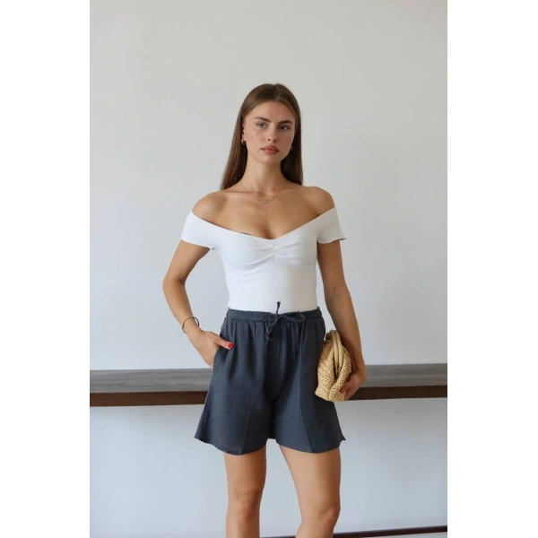 Müslin kumaş şort bağcıklı antrasit pt