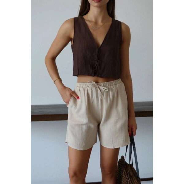Müslin kumaş şort bağcıklı bej pt