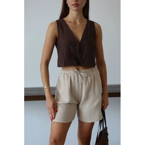 Müslin kumaş şort bağcıklı bej pt