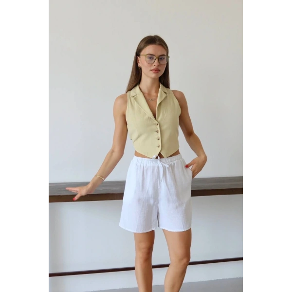 Müslin kumaş şort bağcıklı beyaz pt