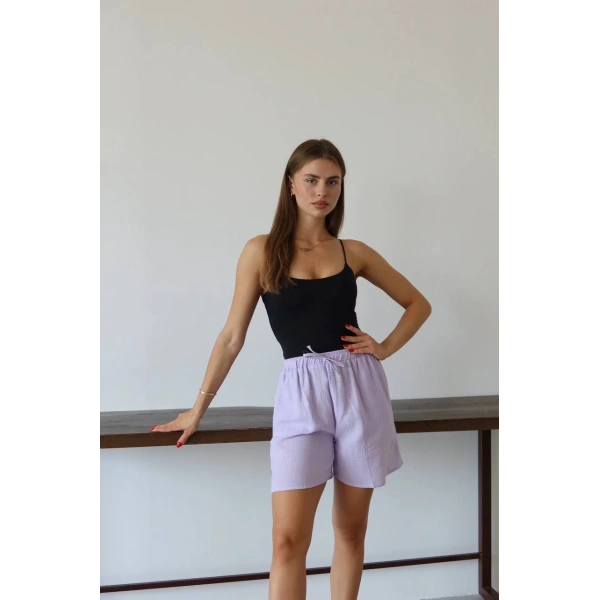 Müslin kumaş şort bağcıklı lila pt