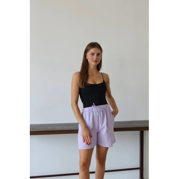 Müslin kumaş şort bağcıklı lila pt