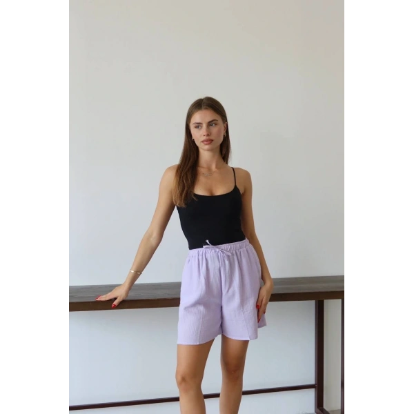 Müslin kumaş şort bağcıklı lila pt