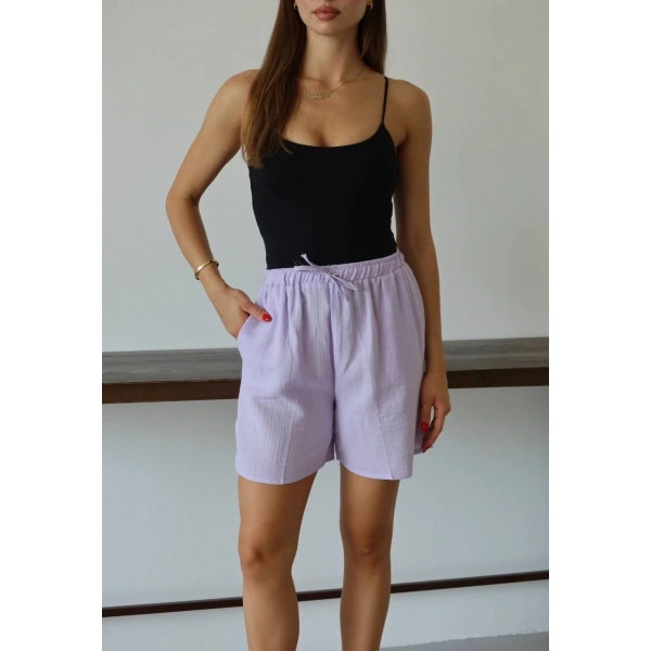 Müslin kumaş şort bağcıklı lila pt