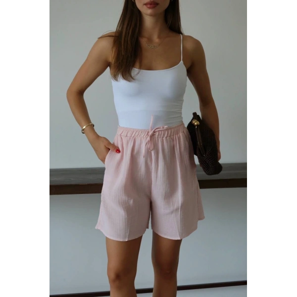 Müslin kumaş şort bağcıklı pembe pt